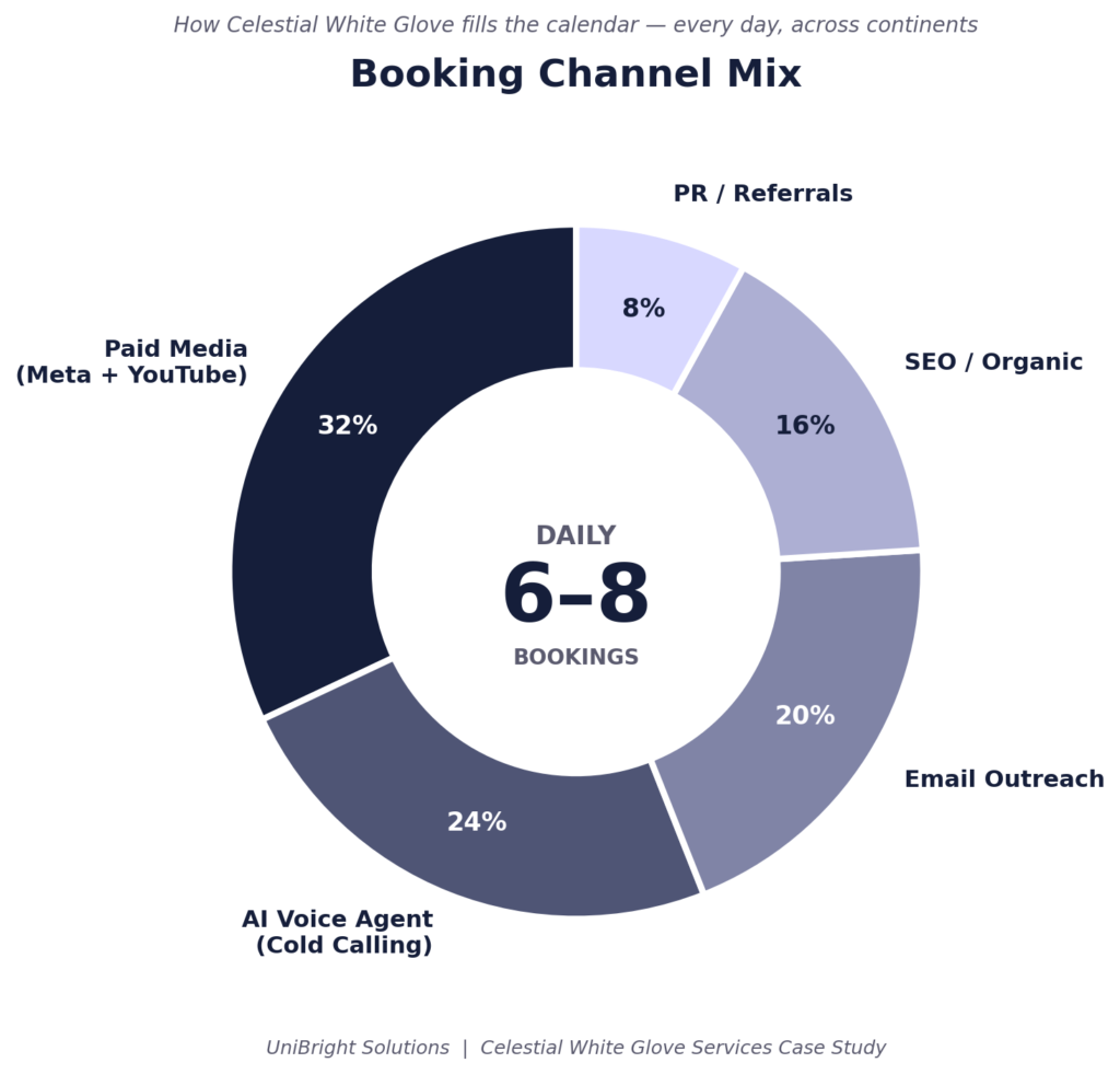 Celestial Spa & Wellness — Booking Volume Up 3.8× in 90 Days — 03_channel_mix_donut.png